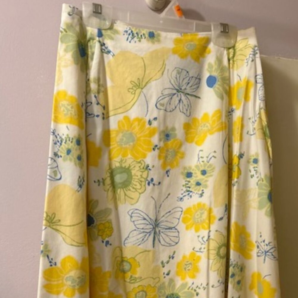 Vintage DLG Floral Cotton Skirt, Size 12, White, Yellow, Aqua, Mid-Length